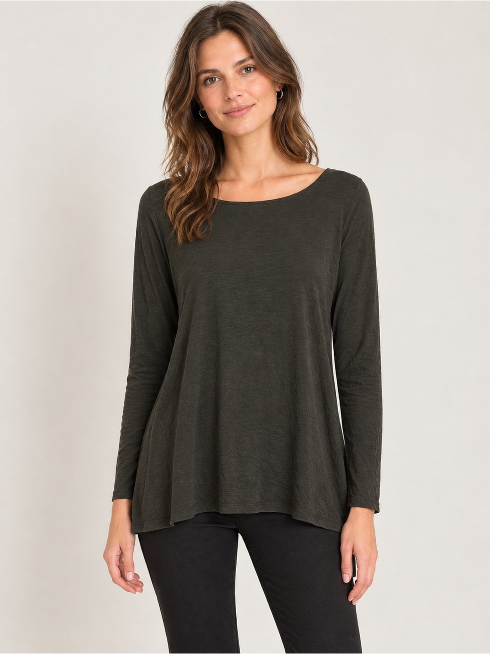 Eileen Fisher Relaxed Long Sleeve Scoop Neck Top Minimalist Classic Casual